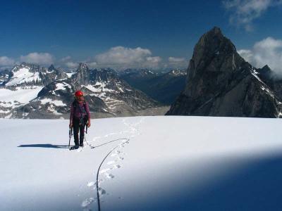 Looking back from the shadow on Pigeon, that's the Kain Route on Bugaboo