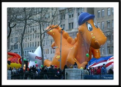 Cheeseasaurus, one of the large balloons in the Macy's Thanksgiving Day parade, is inflated and ready to go the night before the parade. A new tradition of viewing the balloons has been established in the city on the eve of the parade.