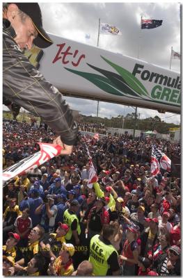 Peter Brock loves the crowd after winning the grueling 24 Hour Race at Bathurst