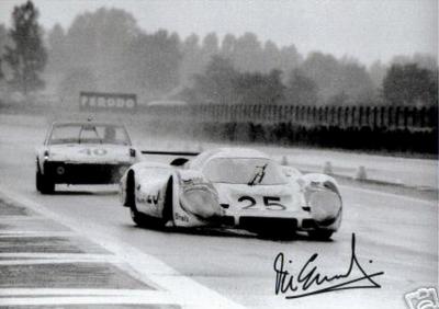 Vic Elford at the wheel of the Porsche 917 Long Tail No 25 under rain at the 24 Hours of Le Mans 1970