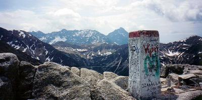 Border post in the Tatra Mountains - the P is for Poland, the other side is Slovakia