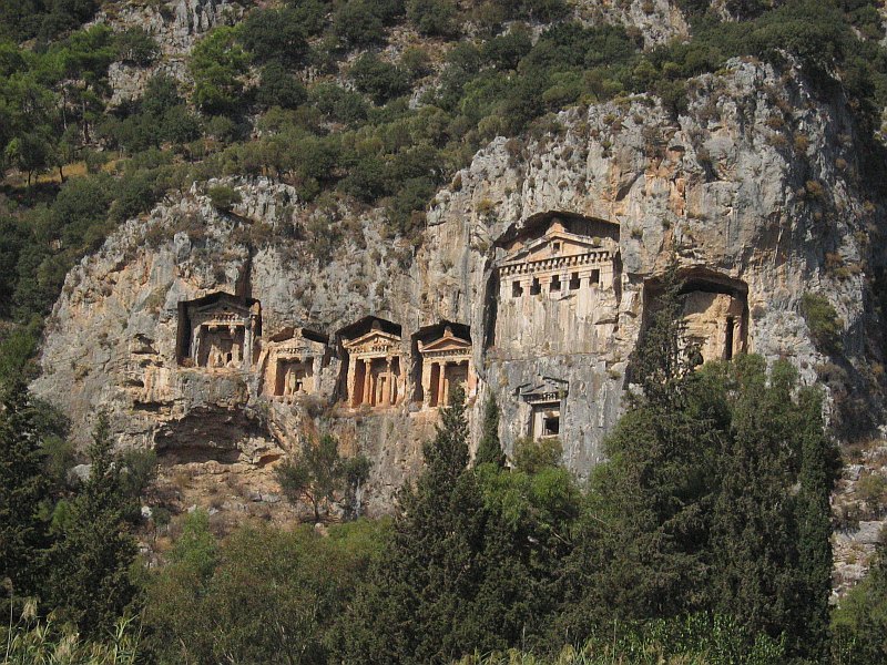A closer view of the Lycian rock tombs across from Dalyan<br>from moving boat