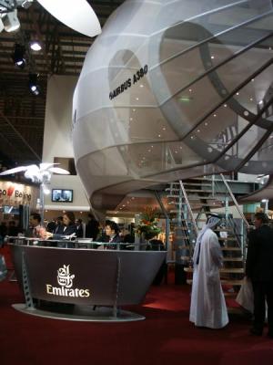 Emirates Airline booth dwarfed by an A380 fuselage mockup