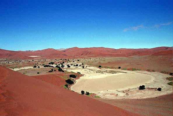 Dried out pan at Sossusvlei surrounded by high dunes