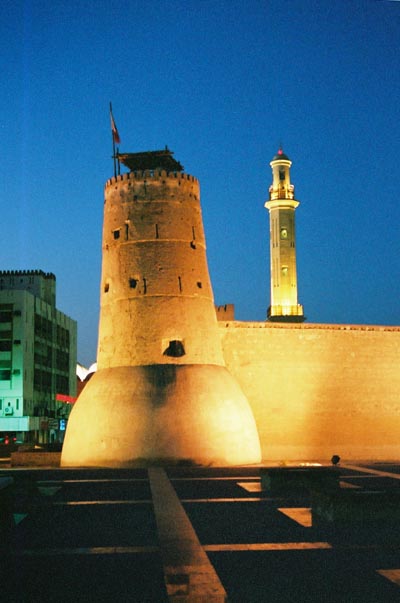 Evening view of fort's tallest tower and minaret, Dubai