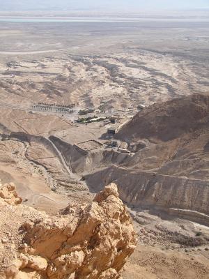 view from Masada down to the roman camps and visitors center