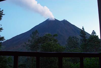 Arenal at dawn from the veranda of our cabin