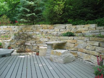 composite wood deck and outcropping walls