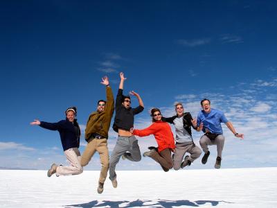Group jump at salar de uyuni Bolivia