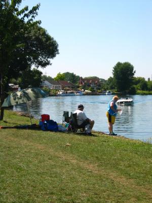 A couple fishing in the Thames, Chertsey Meads, August 2003