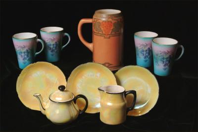 5. yellow lustreware, unmarked paste china cups, & a Belleek mug