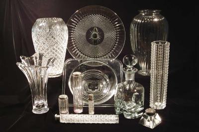9. mostly crystal pieces (except the plate, right vase, & central bowl)