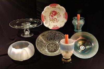 11. four bowls, two candle stands, & a cake plate