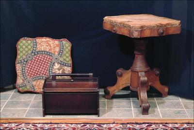 22. piano stool (20h x 15 square) with shaped cushion  & sewing caddy