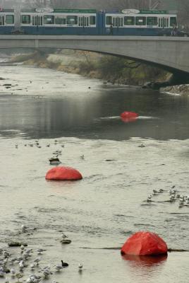 Zurich, painted rocks in the river Sihl