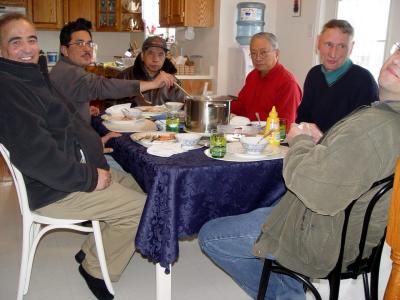 Part of the roasting team having lunch.