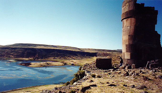 Sillustani lake and striking tomb (chullpa)