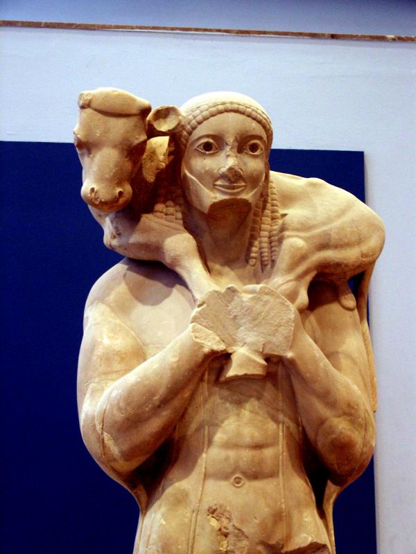 Moscophores, young man carrying sacraficial calf, Acropolis Museum