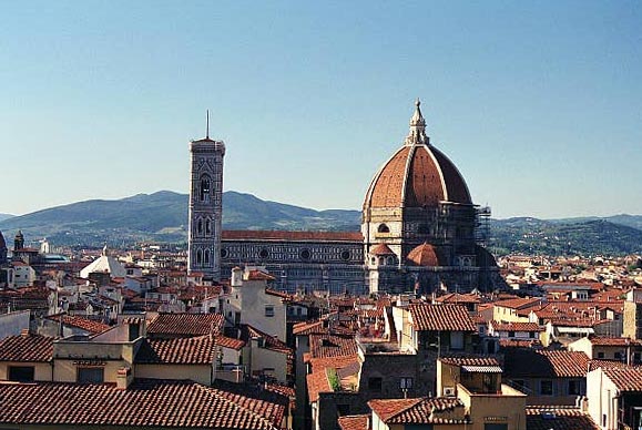 View north of Florence Cathedral, Palazzo Vecchio tower