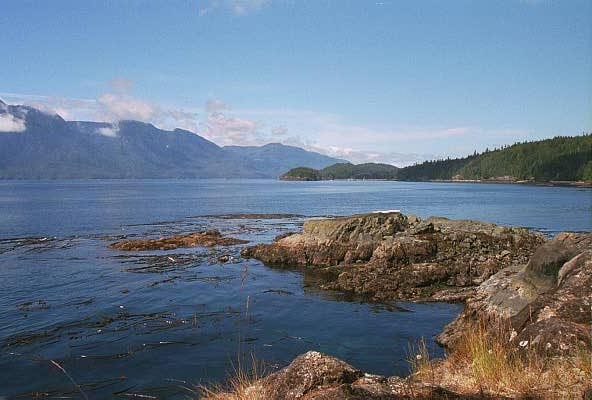 The view north west from camp across Johnstone Strait to Vancouver Island