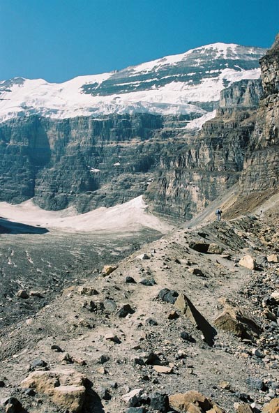 Plain of 6 Glaciers Trail on top of a lateral moraine