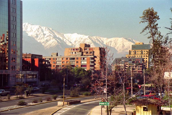 A rare clear day reveals the high snow covered Andes east of Santiago