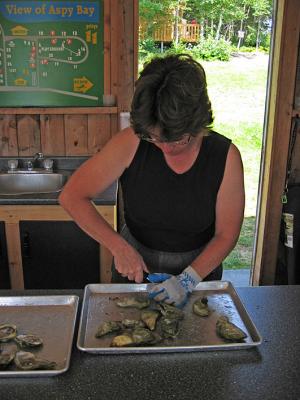 Susan D. shucking fresh Asby Bay oysters