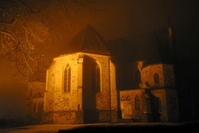 The local church under foggy sodium lamps :)