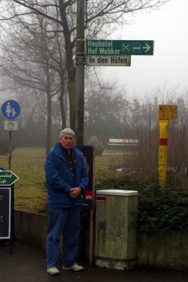 Dad under the sign for the Wobker Hay Hotel  (equivalent to what we call a Bed & Breakfast)