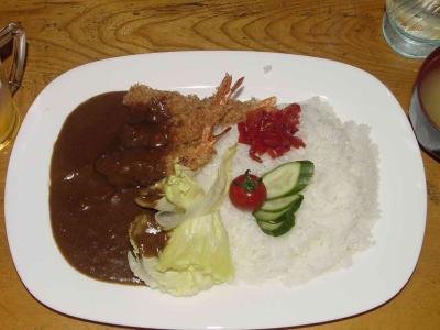 Abishiri Log House dinner - Breaded shrimp on curry with rice