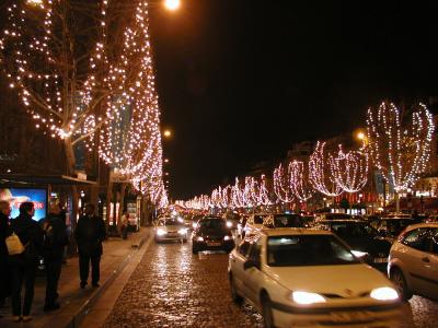 looking down champs elysees after dark