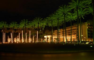 Night shot of the front of the hotel