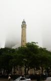 Water tower in fog
