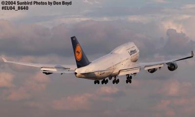 Lufthansa B747-430 D-ABVX climbing out from runway 9-left at Miami International Airport aviation stock photo