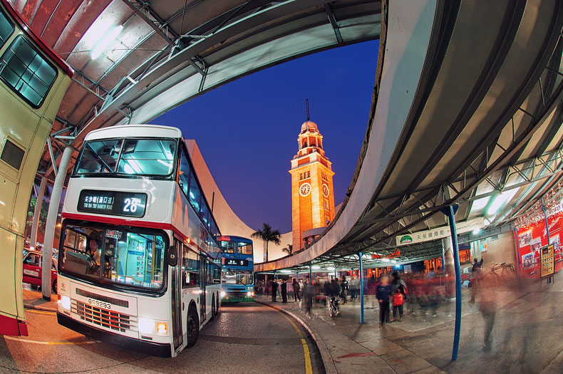 Clock tower, star ferry pier and the double decker