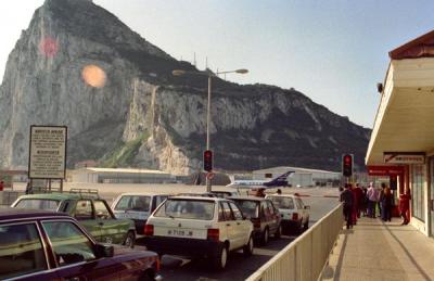 Traffic from Spain waiting for a jet before crossing the runway at Gibraltar