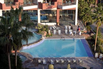 View of the pool and hotel grounds from our room.