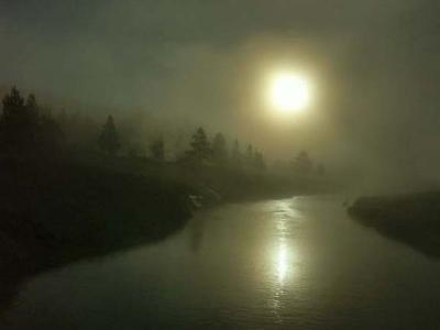 Dawn through the Geyser Steam at the Firehole River, Yellowstone