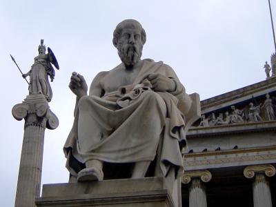 Plato and Athena in front of university building, Athens