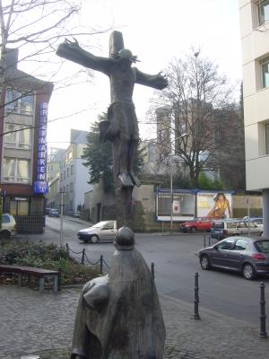 Soldier looking up to Jesus Christ, Aken, Germany