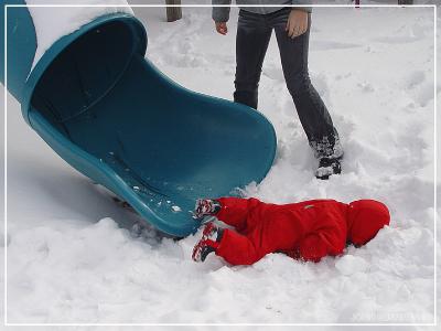 Face plant at the bottom of the slide
