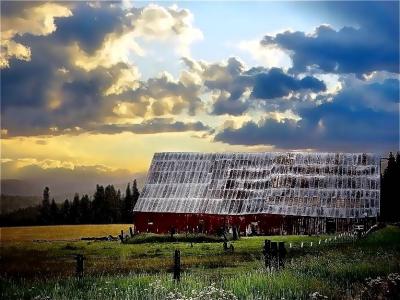 Patchwork Barn Sunset     one touch light oil effect added