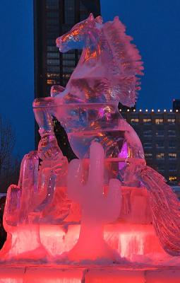 Ice Sculpture against Downtown St. Paul