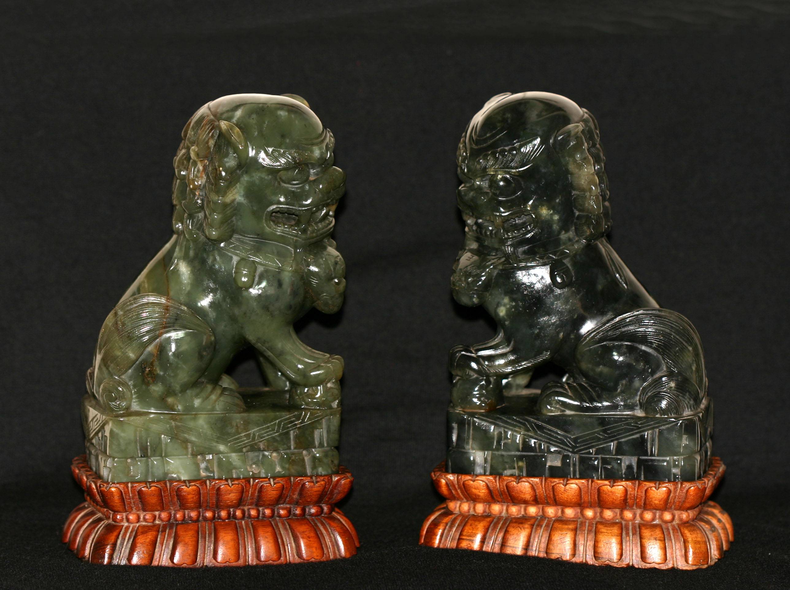 Foo Lions - Jadite Soupstone 6 high, 19th century