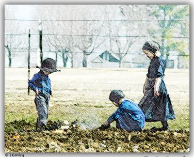 Three Amish Children in Pen and Ink