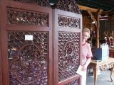 Frances with Balinese wooden handcrafts, Denpasar