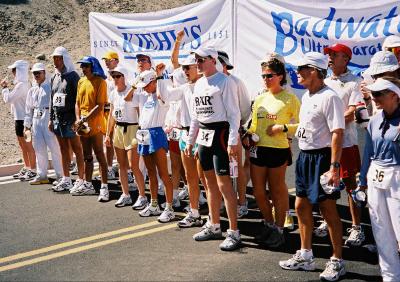 Start line: Carolyn Smith (#80) next to Pam Reed (#1).  Pam will finish 2nd female this year and Carolyn will finish 4th.