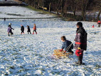 Sledging on hillside opp white hill turning