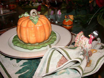 The first course is pumpkin soup, served in pumpkin bowls.