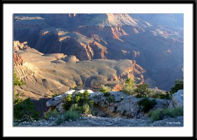The view of Bright Angel Trail from the east near Yavapai point at sunrise on the south rim of the Grand Canyon.